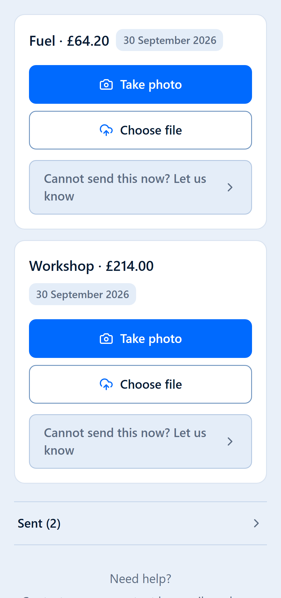 The real mobile client page with two requested documents, amounts, Take photo and Choose file.